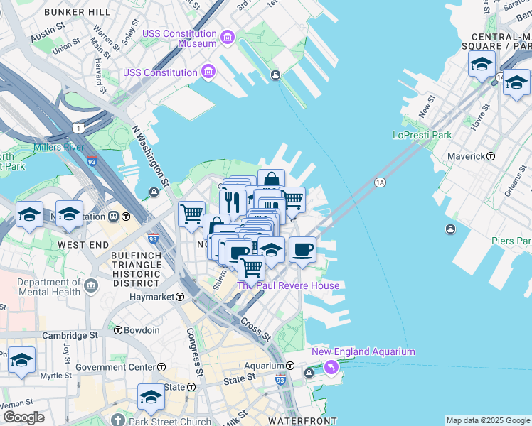 map of restaurants, bars, coffee shops, grocery stores, and more near 4 Charter Street in Boston