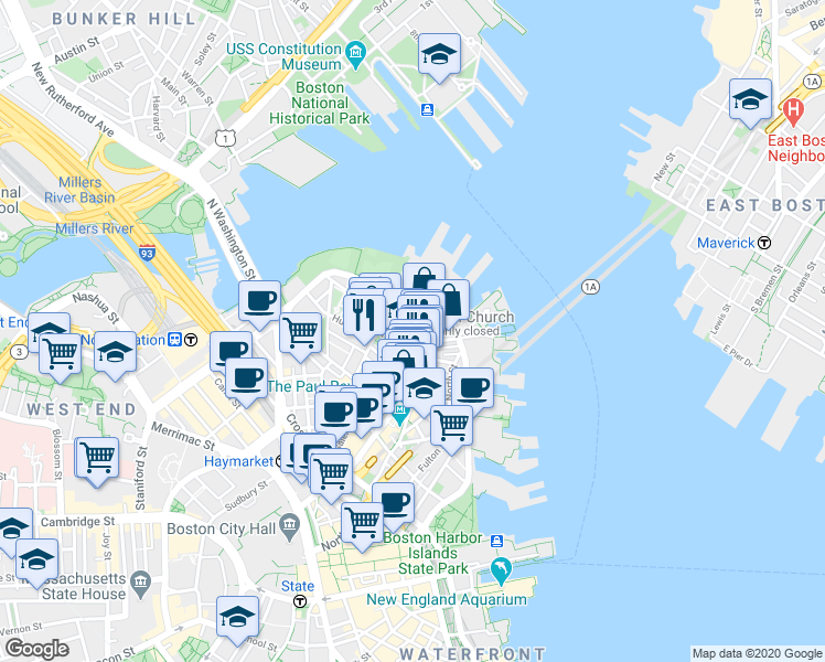 map of restaurants, bars, coffee shops, grocery stores, and more near in Boston