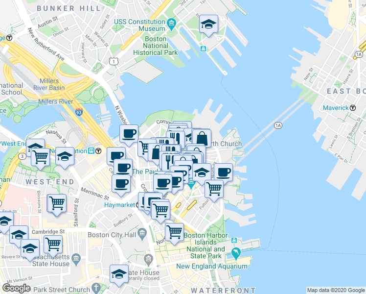 map of restaurants, bars, coffee shops, grocery stores, and more near in Boston