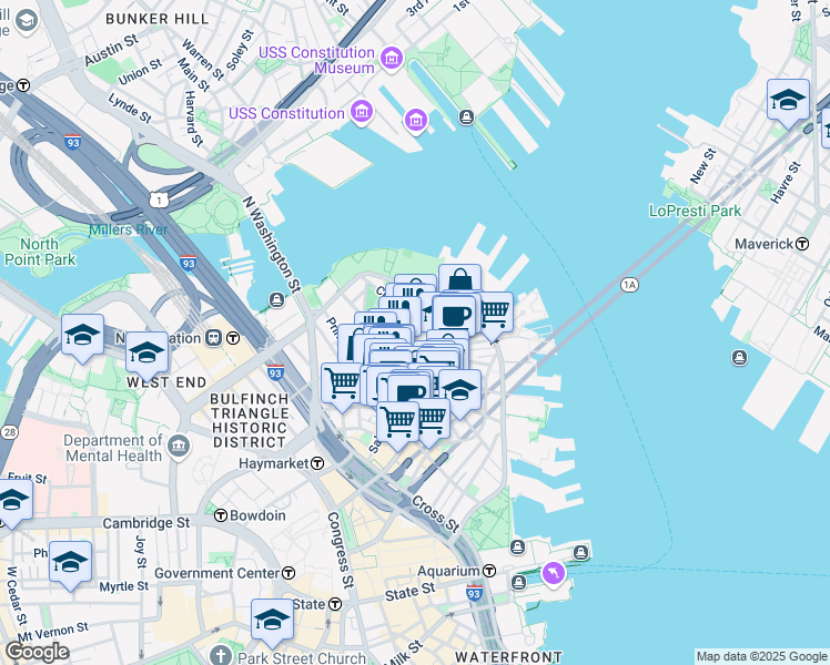 map of restaurants, bars, coffee shops, grocery stores, and more near in Boston