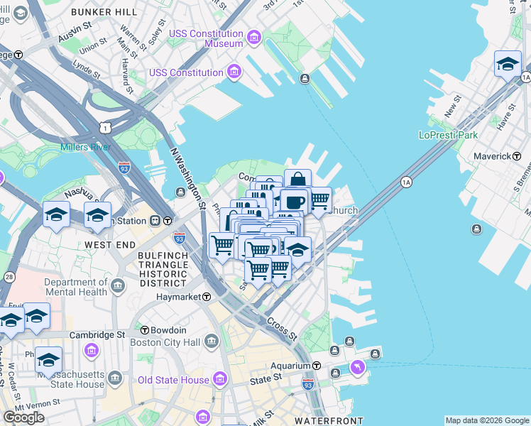 map of restaurants, bars, coffee shops, grocery stores, and more near in Boston
