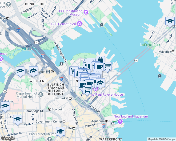 map of restaurants, bars, coffee shops, grocery stores, and more near in Boston