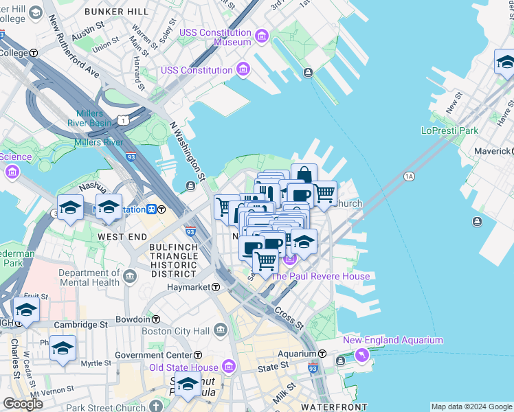 map of restaurants, bars, coffee shops, grocery stores, and more near in Boston
