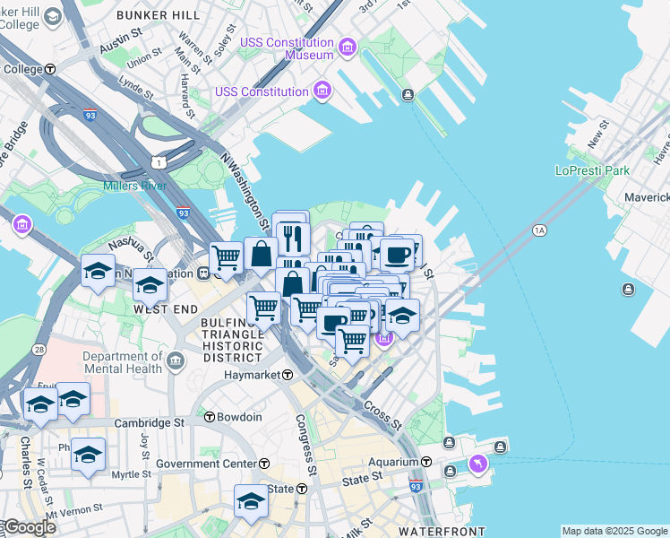 map of restaurants, bars, coffee shops, grocery stores, and more near 3 Snow Hill Street in Boston