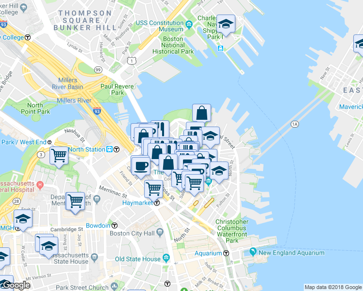 map of restaurants, bars, coffee shops, grocery stores, and more near 3 Snow Hill Street in Boston