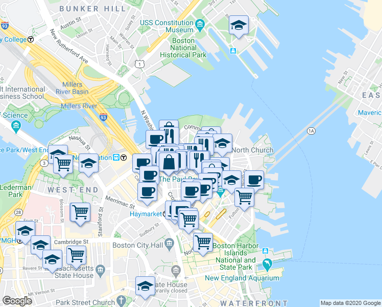 map of restaurants, bars, coffee shops, grocery stores, and more near 3 Snow Hill Street in Boston