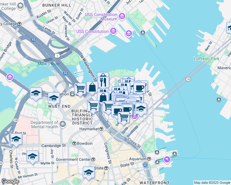 map of restaurants, bars, coffee shops, grocery stores, and more near 3 Snow Hill Street in Boston