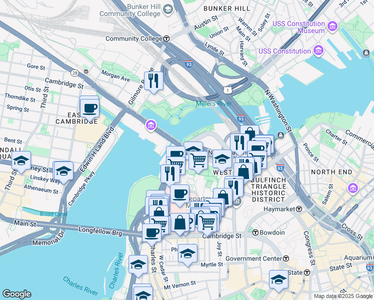 map of restaurants, bars, coffee shops, grocery stores, and more near in Boston
