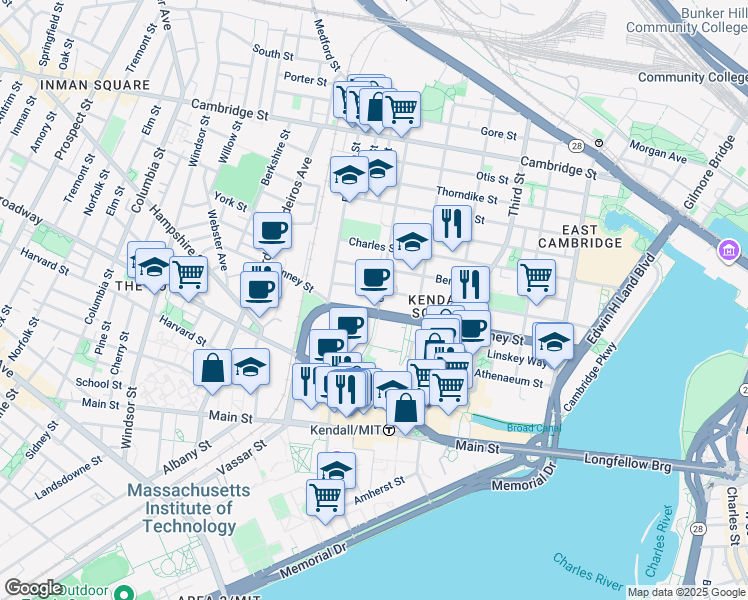 map of restaurants, bars, coffee shops, grocery stores, and more near 264 Binney Street in Cambridge