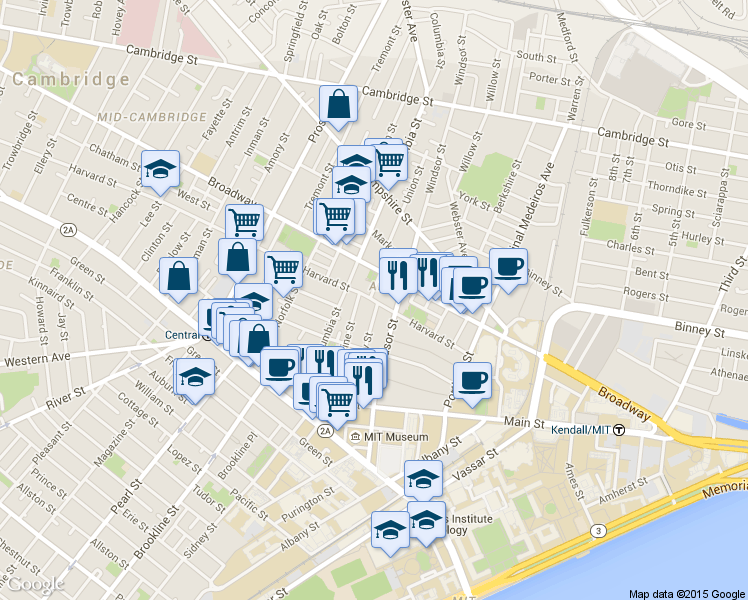 map of restaurants, bars, coffee shops, grocery stores, and more near 151R Cherry Street in Cambridge
