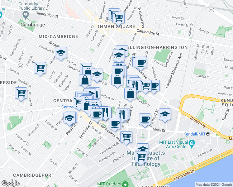 map of restaurants, bars, coffee shops, grocery stores, and more near in Cambridge