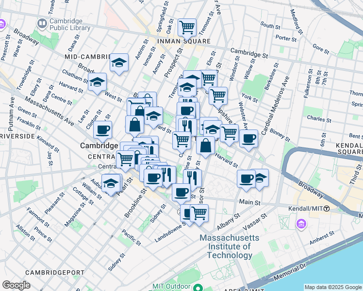 map of restaurants, bars, coffee shops, grocery stores, and more near in Cambridge