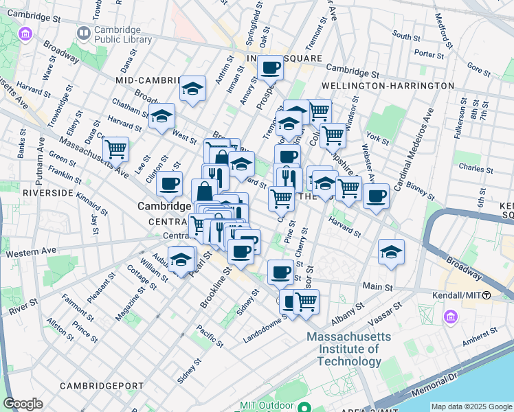 map of restaurants, bars, coffee shops, grocery stores, and more near 385 Washington Street in Cambridge