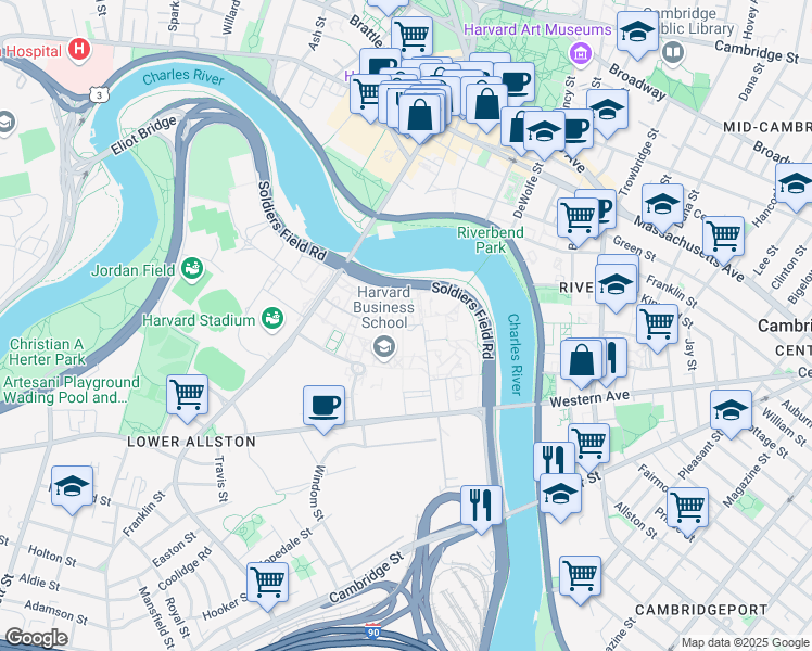map of restaurants, bars, coffee shops, grocery stores, and more near 51 Harvard Way in Boston