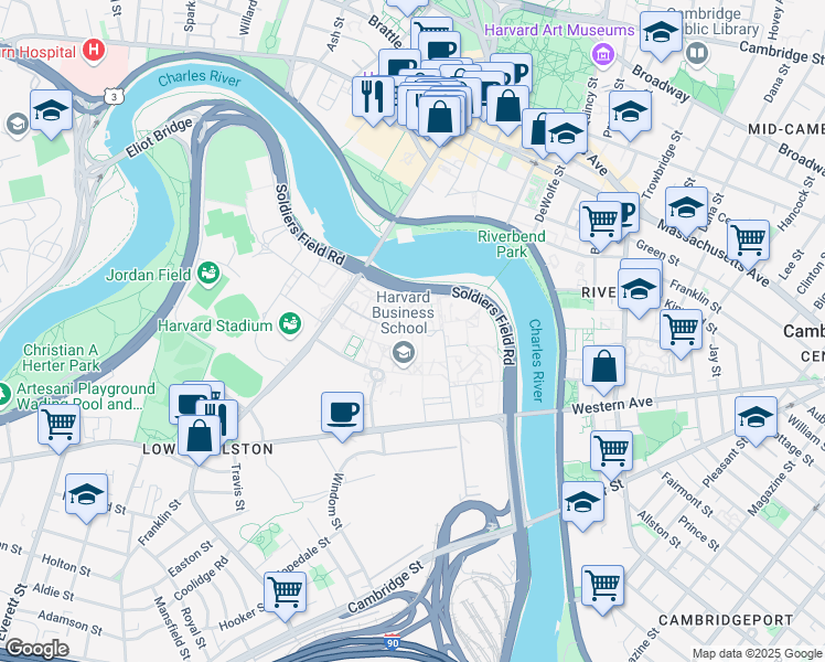 map of restaurants, bars, coffee shops, grocery stores, and more near 35 - 37 Harvard Way in Boston