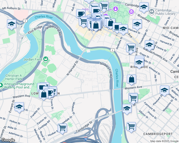 map of restaurants, bars, coffee shops, grocery stores, and more near 35 - 37 Harvard Way in Boston