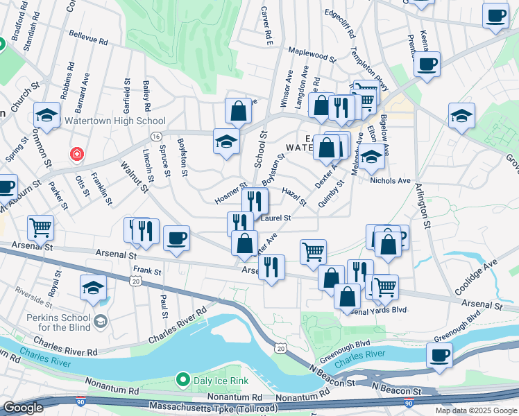 map of restaurants, bars, coffee shops, grocery stores, and more near 104 School Street in Watertown