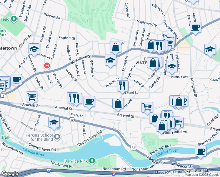 map of restaurants, bars, coffee shops, grocery stores, and more near 155 Spruce Street in Watertown