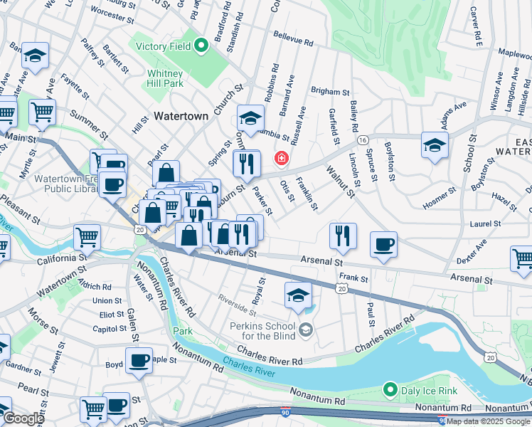 map of restaurants, bars, coffee shops, grocery stores, and more near 55 Phillips Street in Watertown