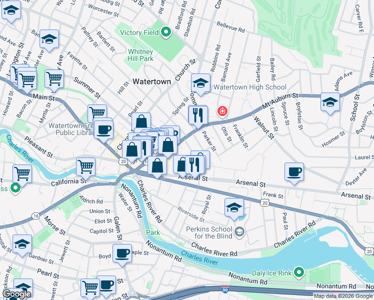 map of restaurants, bars, coffee shops, grocery stores, and more near 39 Irving Street in Watertown
