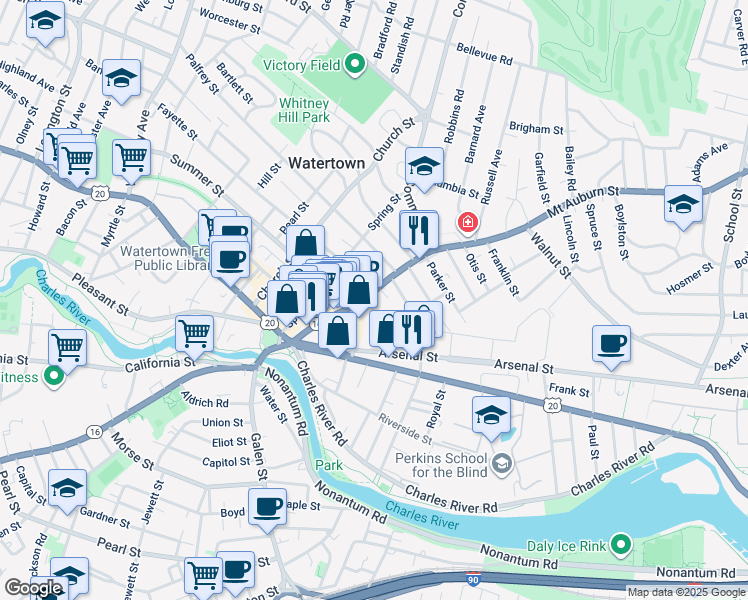 map of restaurants, bars, coffee shops, grocery stores, and more near 15 Patten Street in Watertown