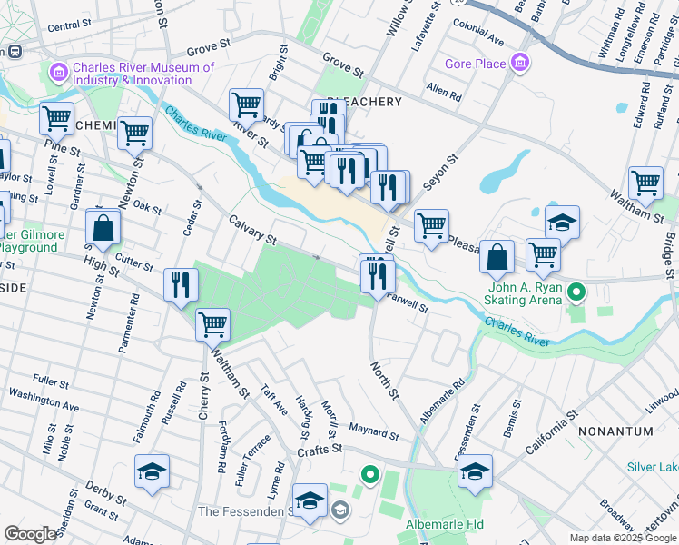 map of restaurants, bars, coffee shops, grocery stores, and more near 251 Calvary Street in Waltham
