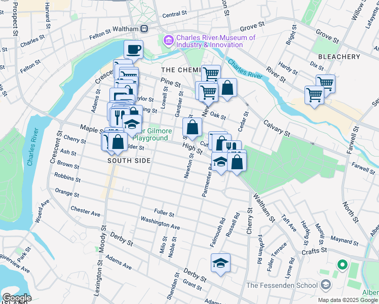 map of restaurants, bars, coffee shops, grocery stores, and more near 325 Newton Street in Waltham