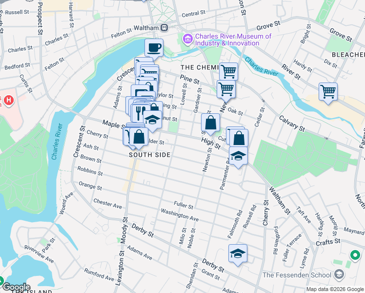 map of restaurants, bars, coffee shops, grocery stores, and more near 92 Myrtle Street in Waltham