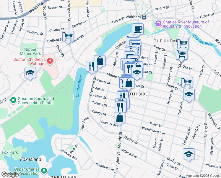 map of restaurants, bars, coffee shops, grocery stores, and more near 149 Adams Street in Waltham