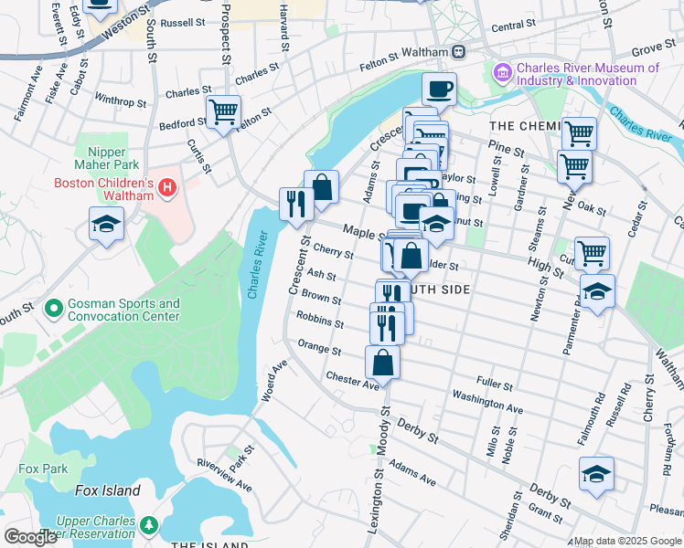 map of restaurants, bars, coffee shops, grocery stores, and more near 149 Adams Street in Waltham