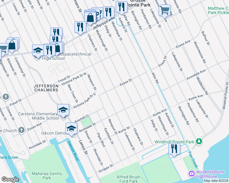 map of restaurants, bars, coffee shops, grocery stores, and more near 466 Lakewood Street in Detroit