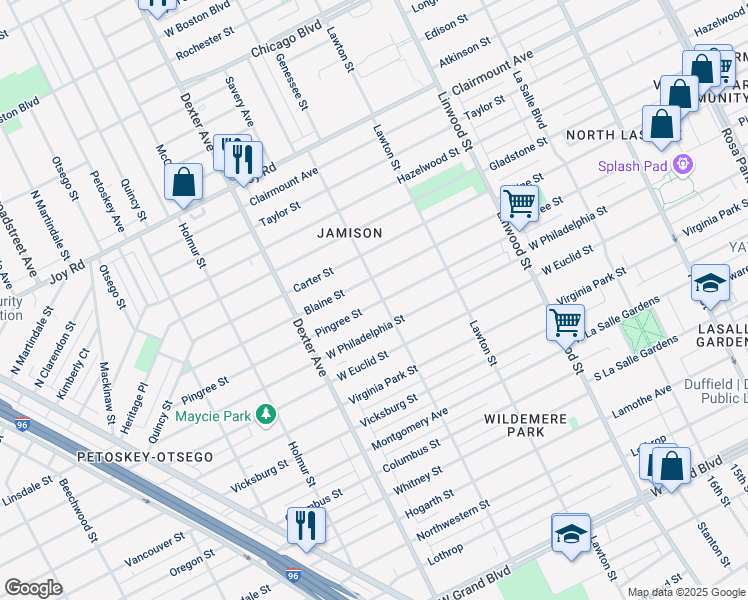map of restaurants, bars, coffee shops, grocery stores, and more near 3265 Pingree Street in Detroit
