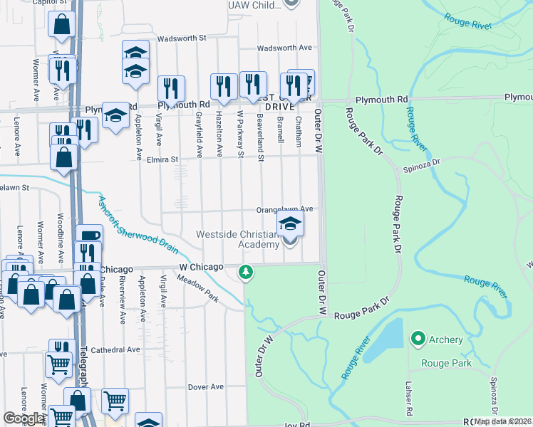 map of restaurants, bars, coffee shops, grocery stores, and more near 9609 Bramell in Detroit