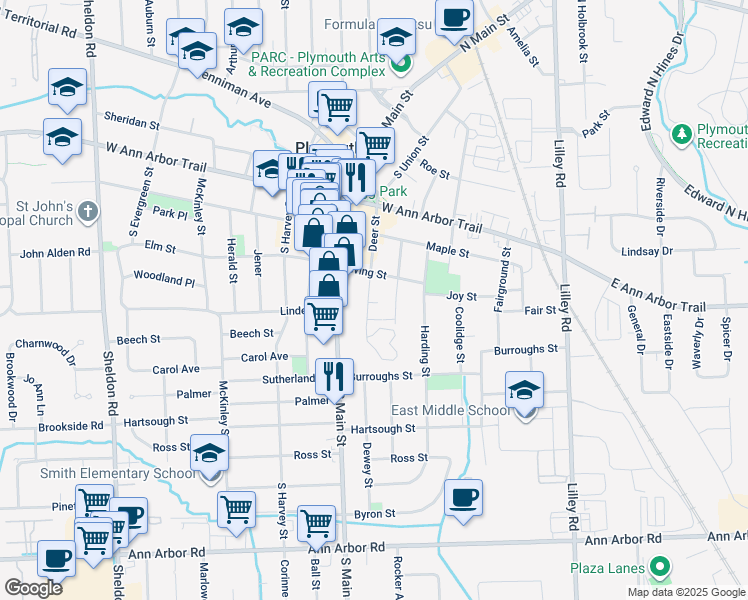 map of restaurants, bars, coffee shops, grocery stores, and more near 705 South Main Street in Plymouth