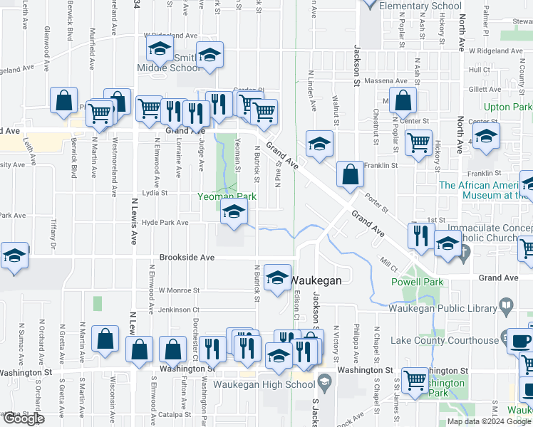 map of restaurants, bars, coffee shops, grocery stores, and more near 1322 Tamara Court in Waukegan
