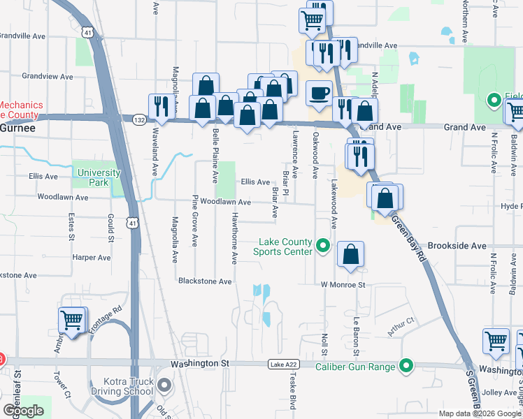 map of restaurants, bars, coffee shops, grocery stores, and more near 3461 Dorchester Avenue in Gurnee