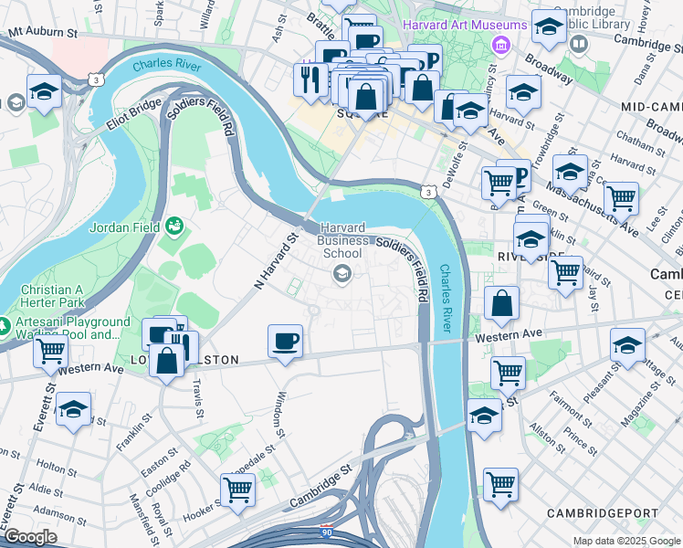map of restaurants, bars, coffee shops, grocery stores, and more near 35 Harvard Way in Boston