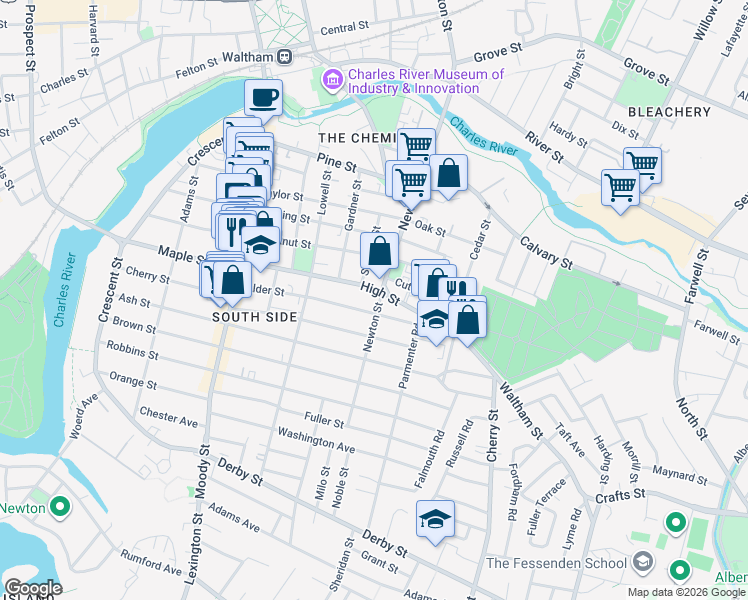 map of restaurants, bars, coffee shops, grocery stores, and more near 325 Newton Street in Waltham
