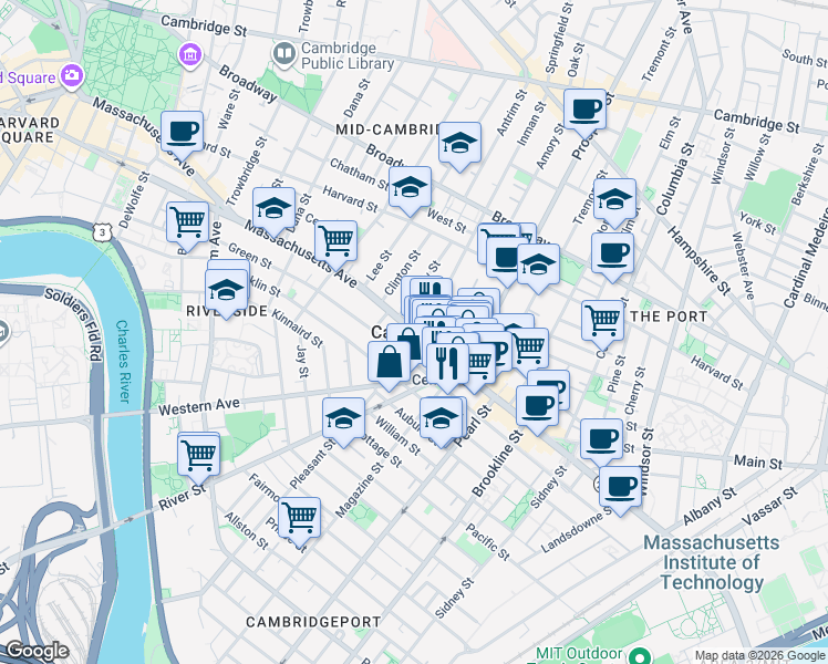 map of restaurants, bars, coffee shops, grocery stores, and more near in Cambridge