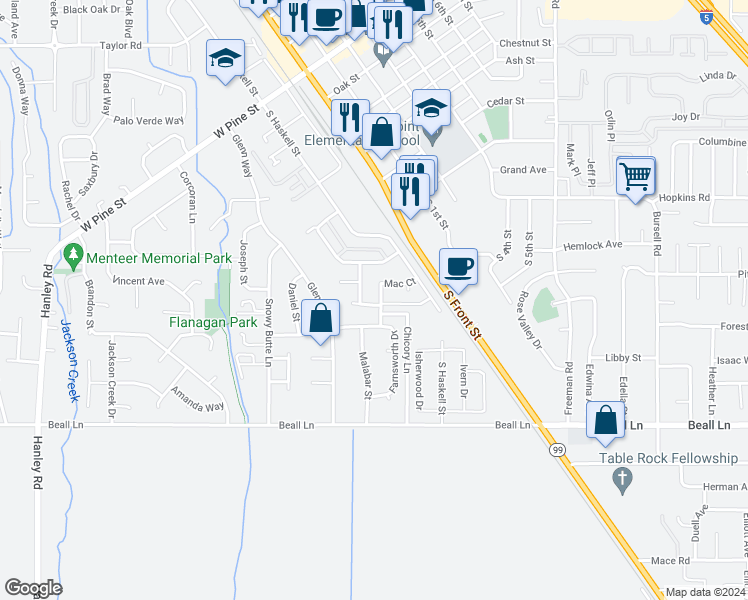 map of restaurants, bars, coffee shops, grocery stores, and more near 3479 Chicory Lane in Central Point