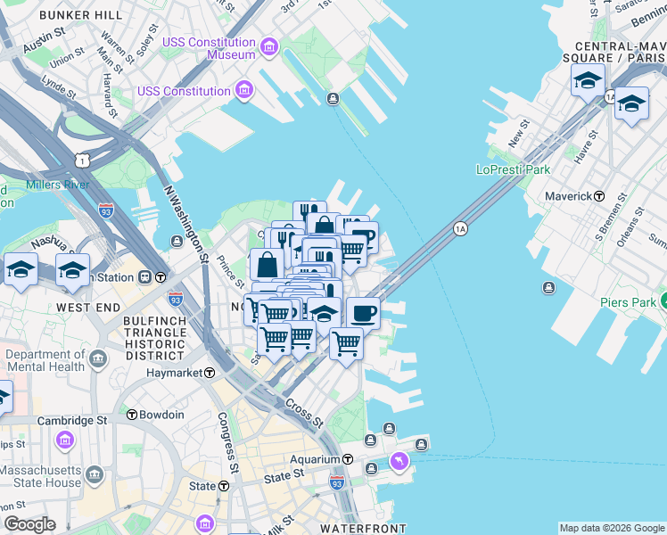 map of restaurants, bars, coffee shops, grocery stores, and more near 7 Powers Court in Boston