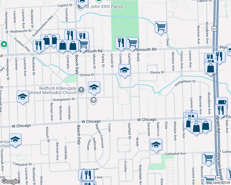 map of restaurants, bars, coffee shops, grocery stores, and more near 9730 Arnold Street in Redford Charter Township