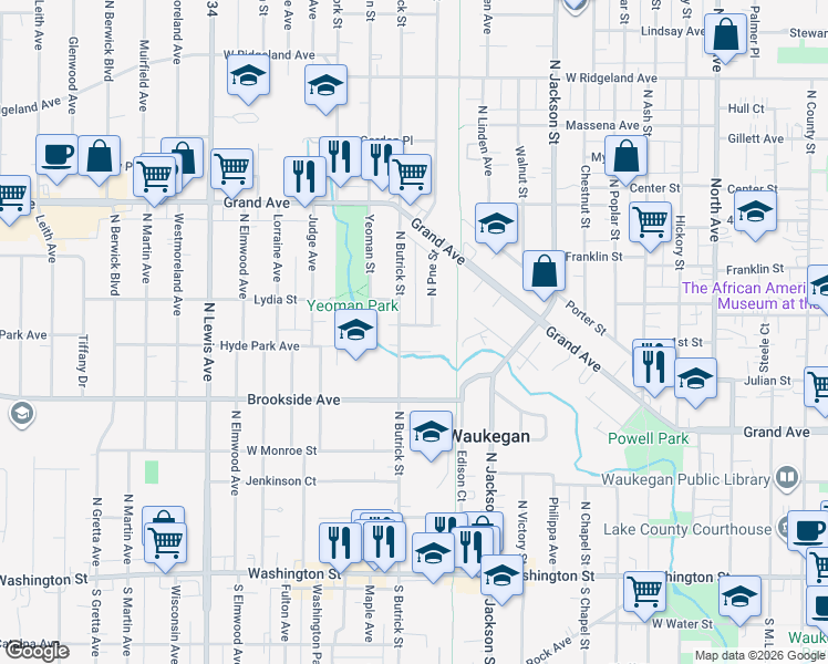 map of restaurants, bars, coffee shops, grocery stores, and more near 1322 Tamara Court in Waukegan