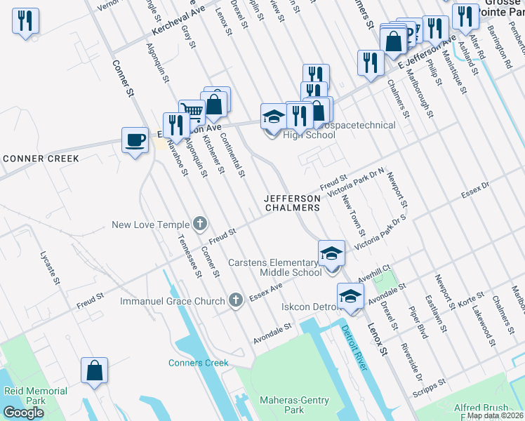 map of restaurants, bars, coffee shops, grocery stores, and more near 708 Continental Street in Detroit