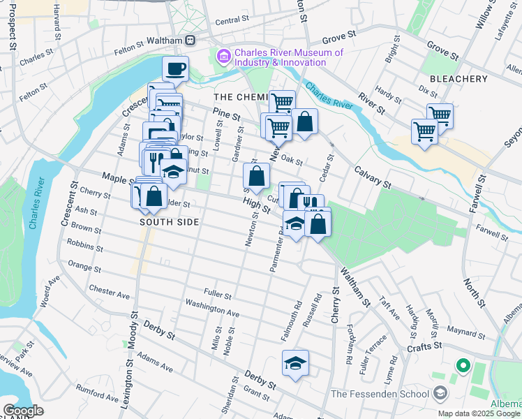map of restaurants, bars, coffee shops, grocery stores, and more near 325 Newton Street in Waltham