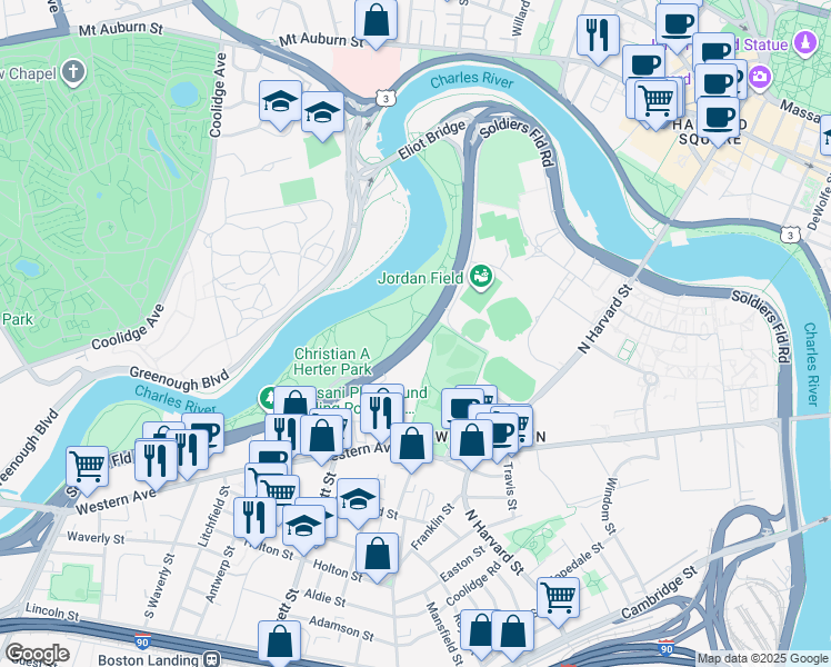 map of restaurants, bars, coffee shops, grocery stores, and more near Doctor Paul Dudley White Bike Path in Boston