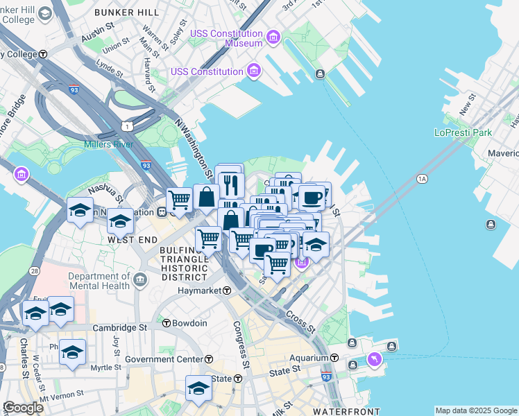 map of restaurants, bars, coffee shops, grocery stores, and more near 3 Snow Hill Street in Boston