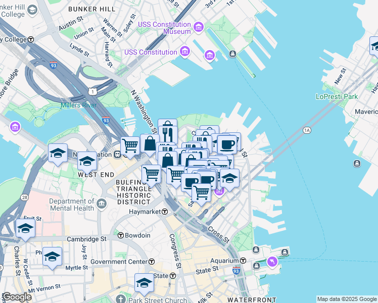 map of restaurants, bars, coffee shops, grocery stores, and more near 3 Snow Hill Street in Boston