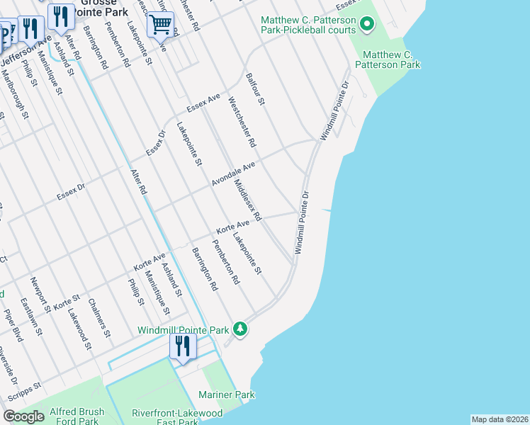 map of restaurants, bars, coffee shops, grocery stores, and more near 561 Middlesex Road in Grosse Pointe Park