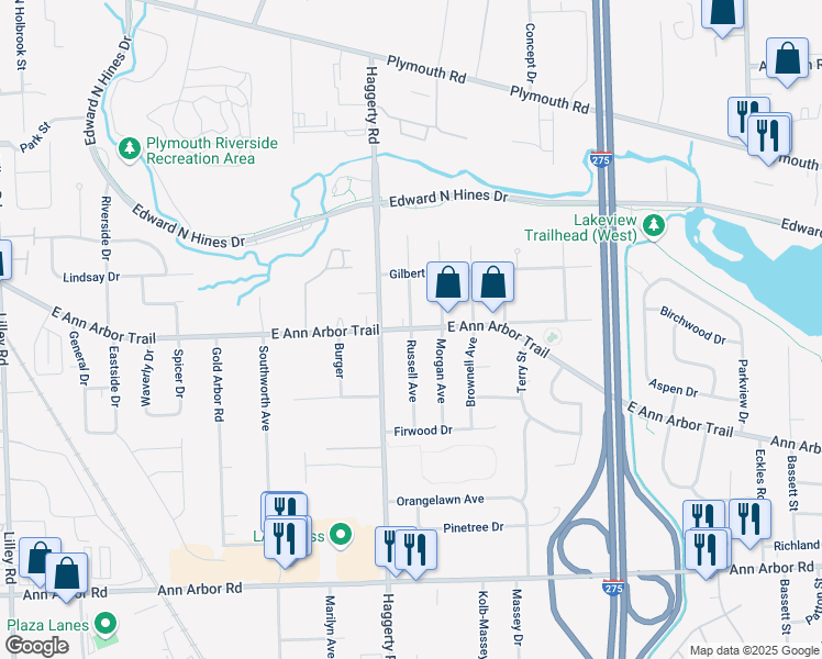 map of restaurants, bars, coffee shops, grocery stores, and more near Haggerty Rd & Ann Arbor Trail in Plymouth